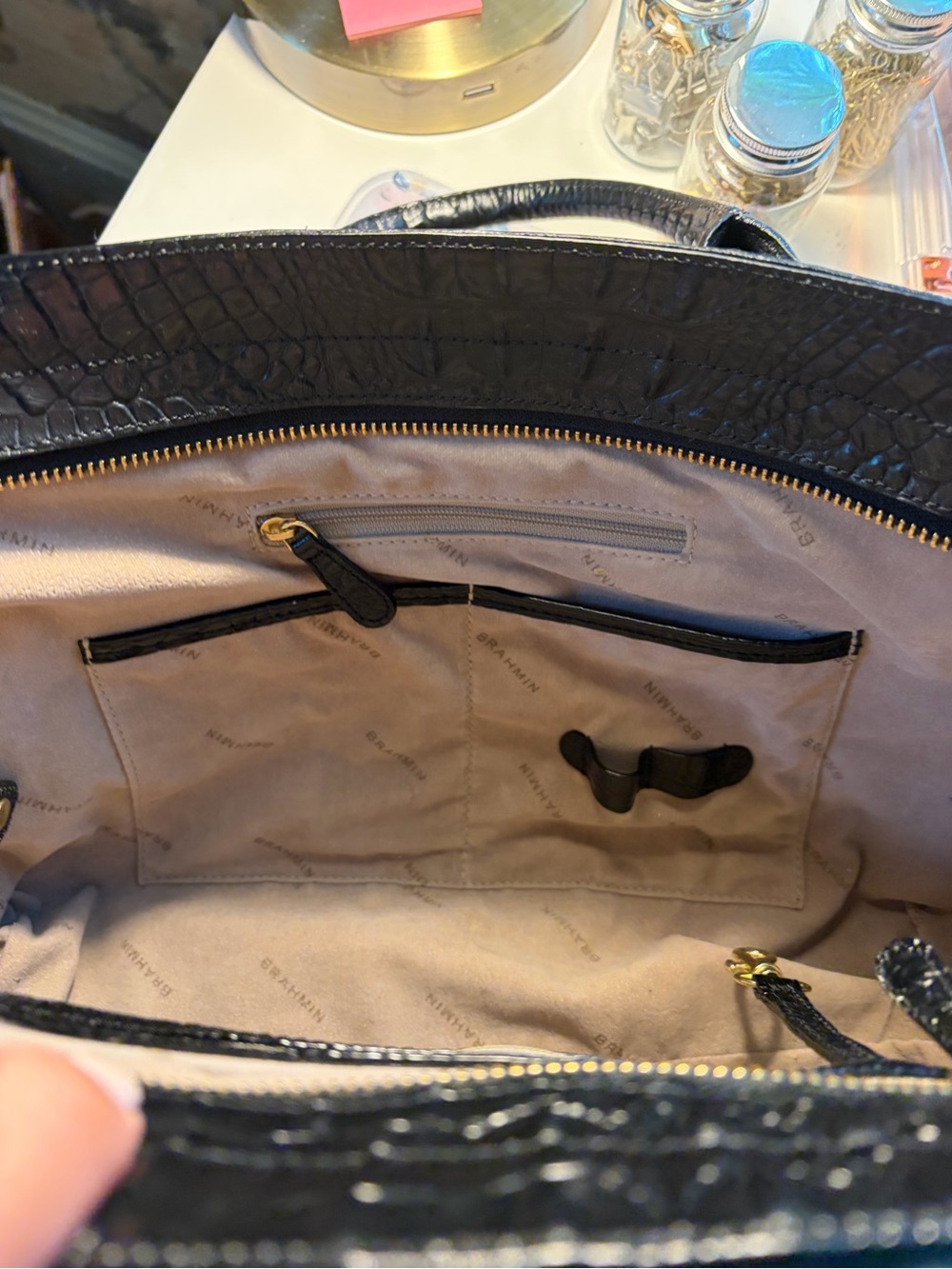 Brahmin Black Croc-Embossed Satchel with Gold Hardware - Picture 6 of 7